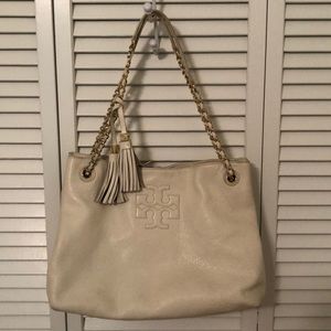 Tory Burch White Shoulder Bag w/Gold Metal Straps